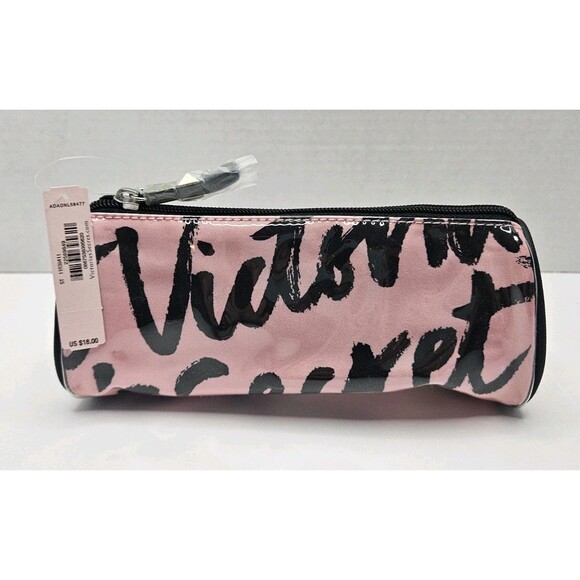 Victoria's Secret Black & Pink Graphic Makeup Pouch Case Zip-Up Purse NEW - Picture 1 of 7